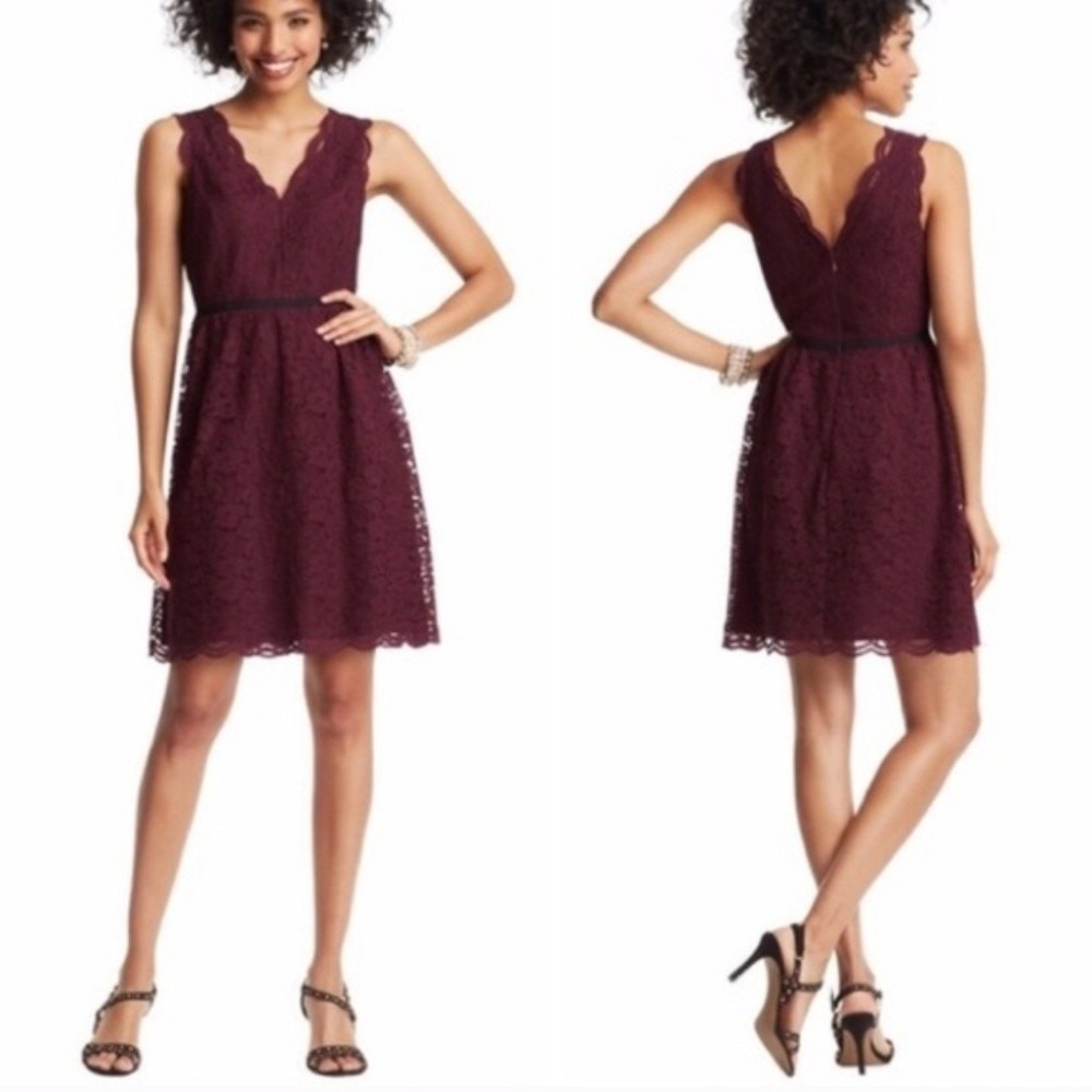 Loft‎ Lace Dress Womens 8 Burgundy V-Neck Sleeveless Fit & Flare Party Cocktail